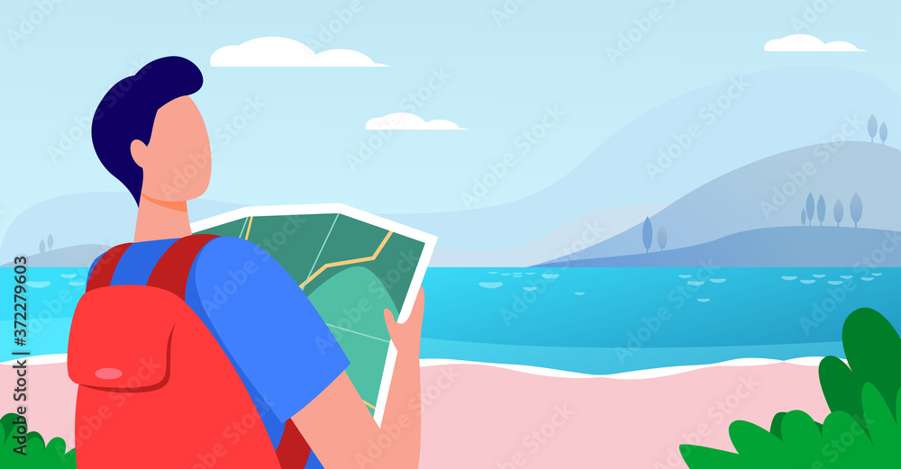 Young traveler holding map and standing near lake. Backpack, landscape, trip flat vector illustration. Vacation and nature concept for banner, website design or landing web page