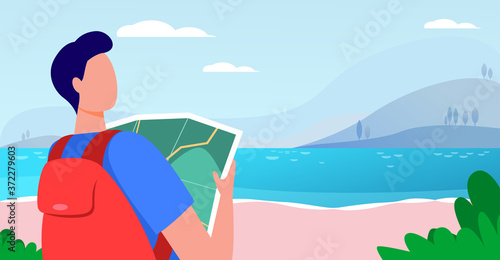Young traveler holding map and standing near lake. Backpack, landscape, trip flat vector illustration. Vacation and nature concept for banner, website design or landing web page