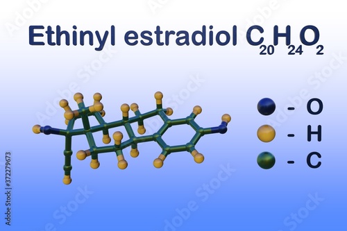 Structural chemical formula and molecular model of ethinyl estradiol, a synthetic steroid that is used in combination with progesterone as an oral contraceptive. 3d illustration photo