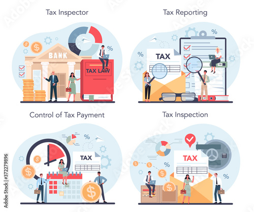Tax inspector concept set. Idea of tax reporting and control.