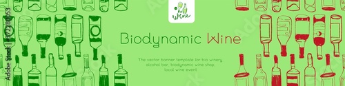 Panoramic banner template of New Bio winery concept. Bottles seamless pattern with hand drawn linear Illustrations for Biodynamic wine shop, restaurant website banner. Produce natural Organic Wines.