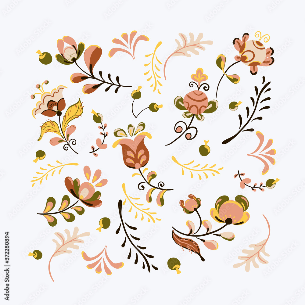 Vector floral ornament with flowers and bird sheart shaped in russian folk art painting style Vector floral ornament with flowers and bird sheart shaped in russian folk art painting style