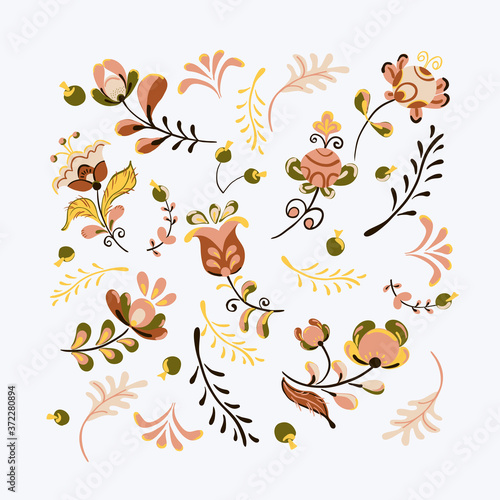 Vector floral ornament with flowers and bird sheart shaped in russian folk art painting style