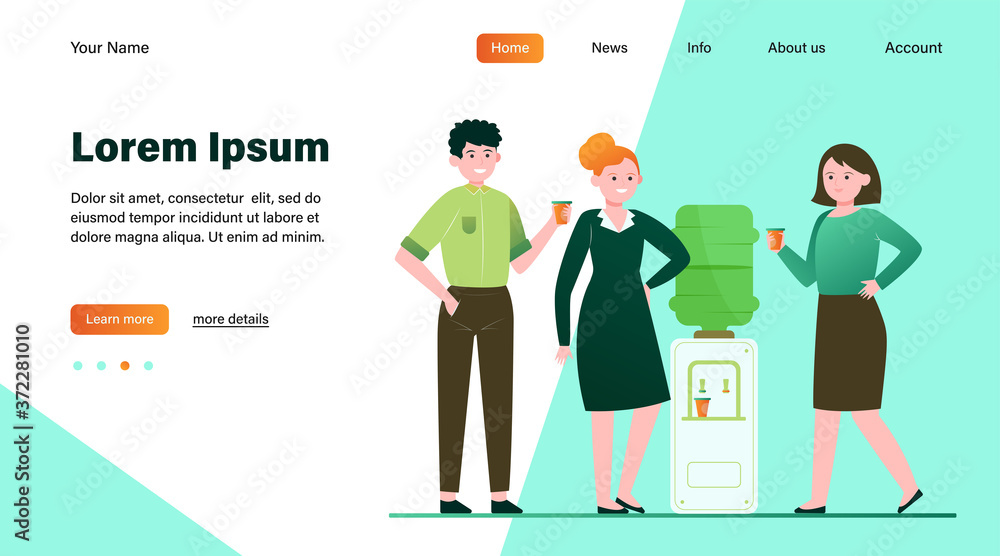 Positive people drinking water at cooler. Office colleagues, chatting, break flat vector illustration. Beverage, refreshment, watercooler concept for banner, website design or landing web page Positive people drinking water at cooler. Office colleagues, chatting, break flat vector illustration. Beverage, refreshment, watercooler concept for banner, website design or landing web page