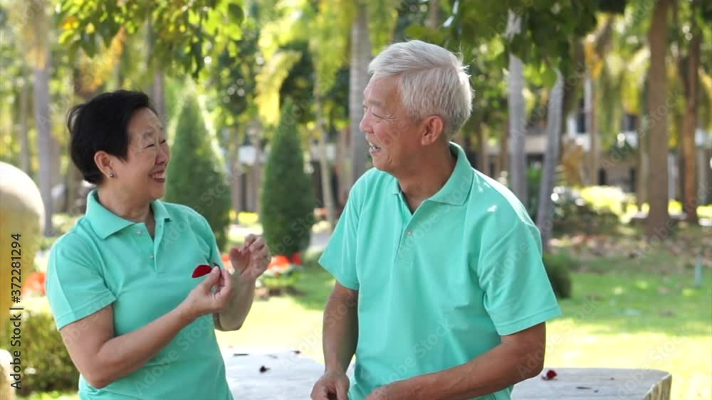 Asian elder senior couple relax happy time in public park quality time together after retirement Asian elder senior couple relax happy time in public park quality time together after retirement
