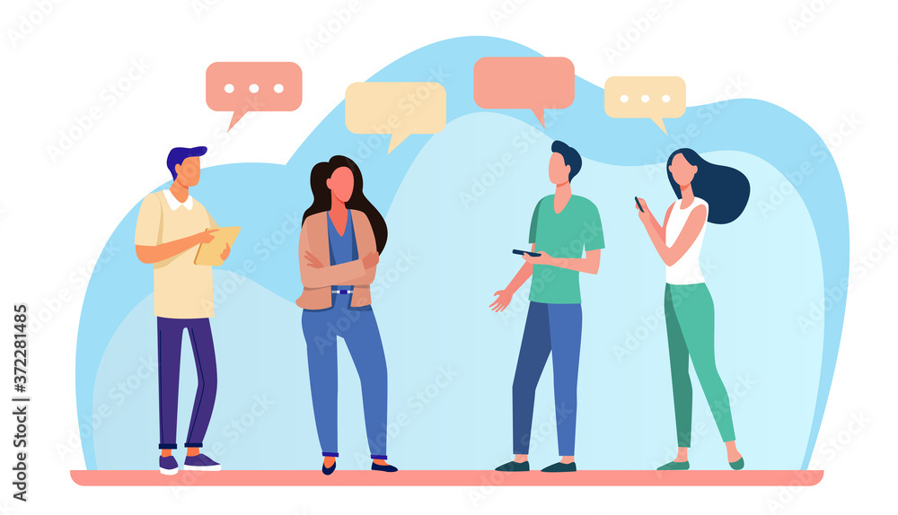 Young people standing and talking each other. Speech bubble, smartphone, girl flat vector illustration. Communication and discussion concept for banner, website design or landing web page Young people standing and talking each other. Speech bubble, smartphone, girl flat vector illustration. Communication and discussion concept for banner, website design or landing web page