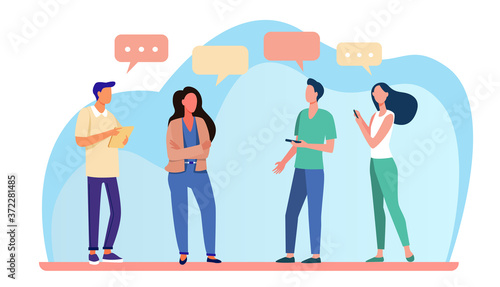 Young people standing and talking each other. Speech bubble, smartphone, girl flat vector illustration. Communication and discussion concept for banner, website design or landing web page