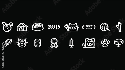 Set Abstract Doodle Elements Hand Drawn Collection Pets Animal Sketch Vector Design Style Background Dog Cat Bone Food Training Caring Grooming  Illustration Icons