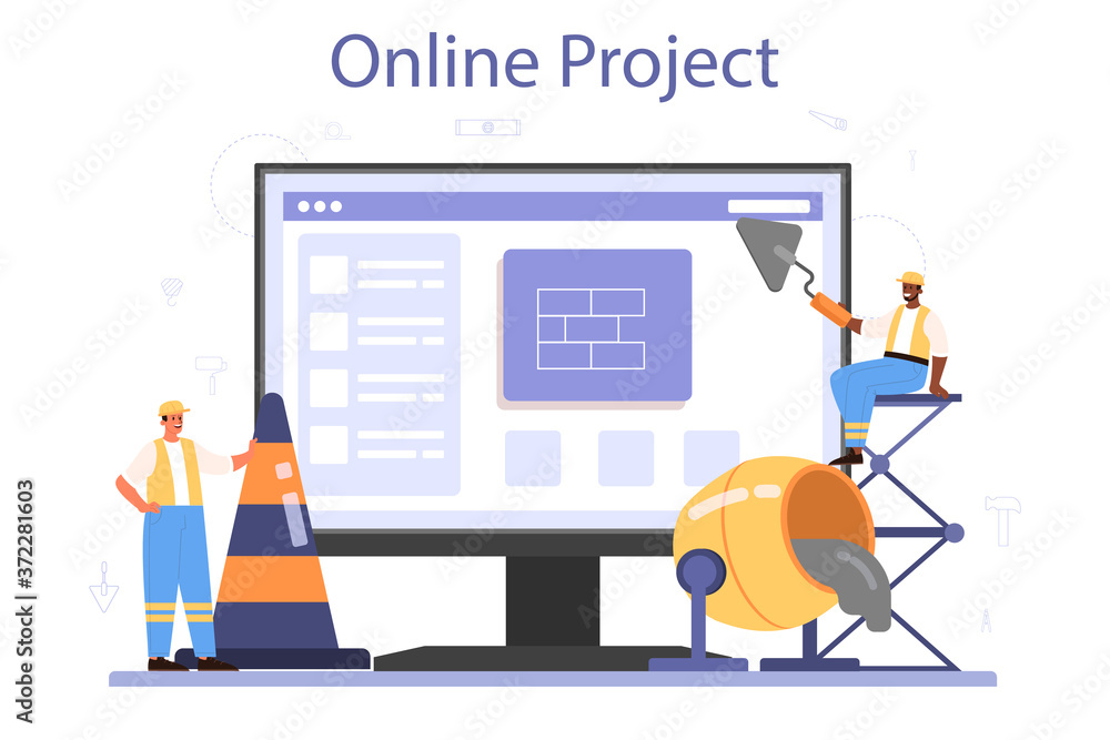 House building online service or platform. Workers constructing House building online service or platform. Workers constructing
