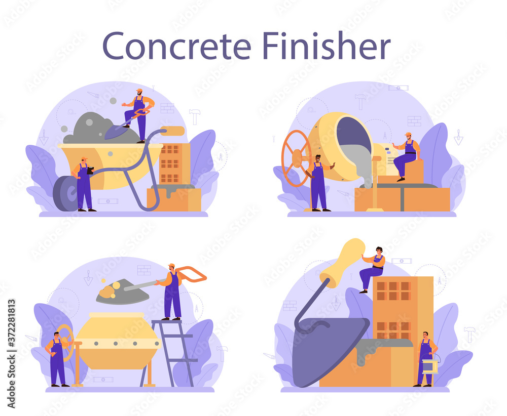 Concrete finisher builder set. Professional worker preparing