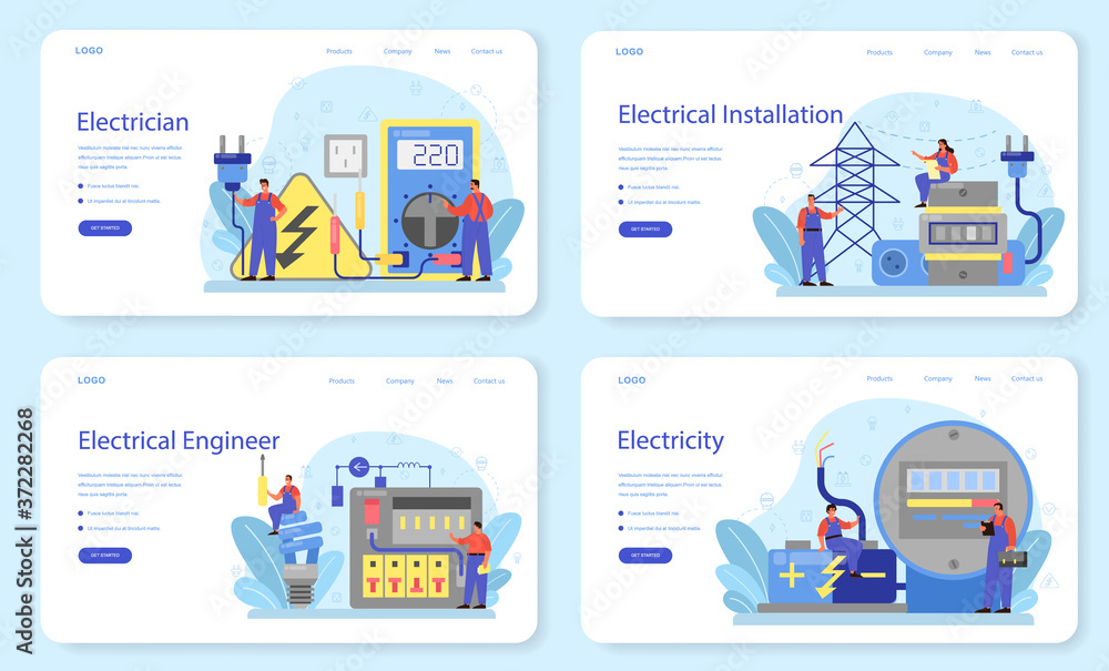 Electricity works service web banner or landing page set.