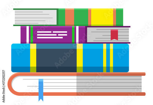 Online library, knowledge and books pile with bookmarks vector. Literature or textbooks and encyclopedias stack, reading. Internet portal, novels and scientific information, web education illustration