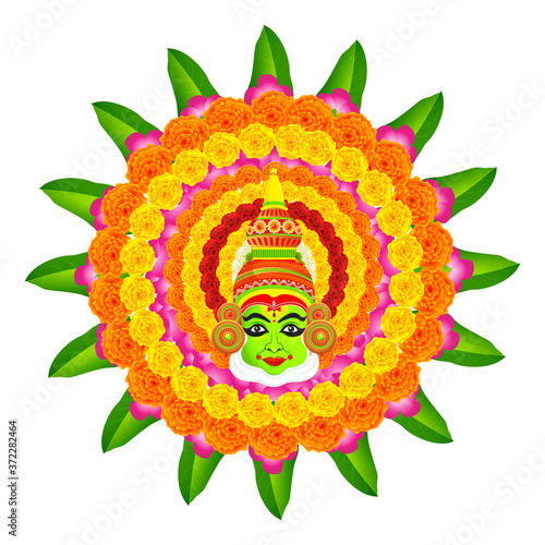 Illustration of kathakali face with Flower rangoli of marigold flowers, rose leaves and mango leaves. Decoration for kerala festival happy onam. photo