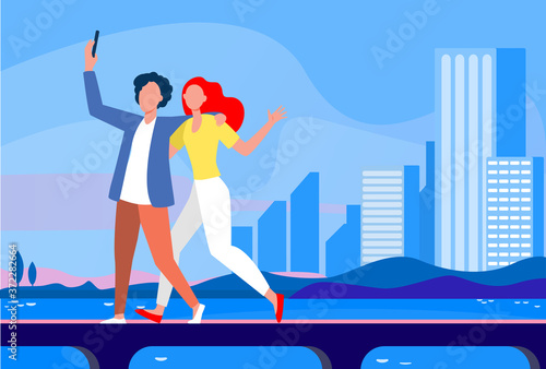 Young couple taking selfie on bridge with cityscape. Tourist, smartphone, sea flat vector illustration. Vacation and travel concept for banner, website design or landing web page