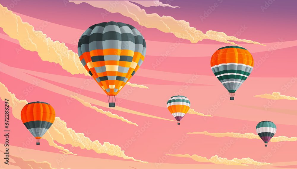 Obraz premium Hot air balloons in clouds against a lilac cloudy sky. Striped hot air balloons festival vector illustration. Beautiful sight several colored bright balls in the sunset sky. Romantic flight, travel