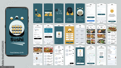 Sushi Delivery. Design of the Mobile Application, UI, UX. Set of GUI Screens with Login and Password input, and screens with Menu, Add to Cart, Payment and Delivery Tracking.