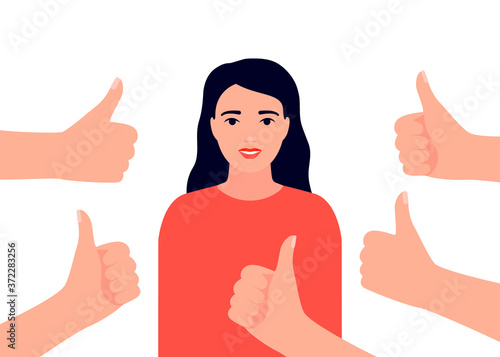 Happy beautiful woman collects like. Smiling girl surrounds hands showing thumbs up. Social approval, positive feedback, acceptance success concept. Vector flat illustration