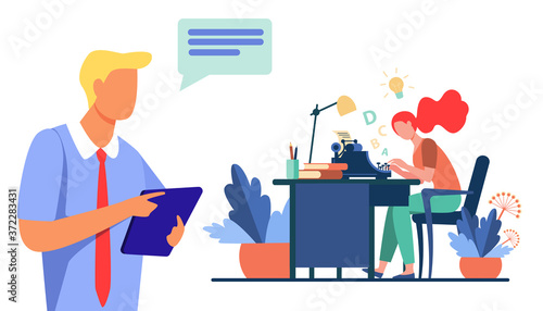 Female writer typing new text for editor. Article, book, idea flat vector illustration. Typography and work concept for banner, website design or landing web page