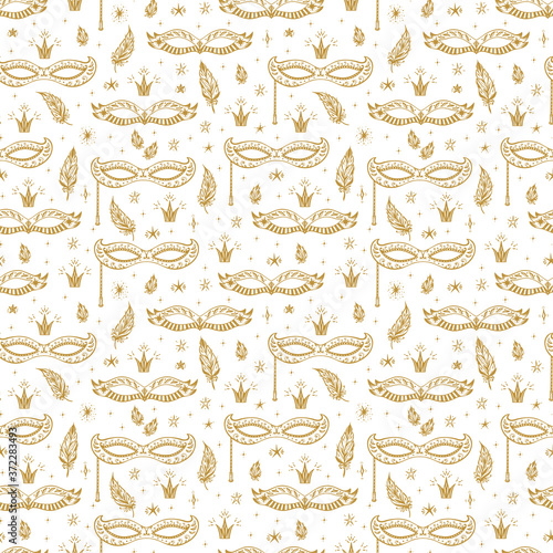 Holiday Vector background. Celebration Carnival Seamless pattern. Hand drawn Venetian Masquerade Mask, feathers and stars. Mardi Gras Party.