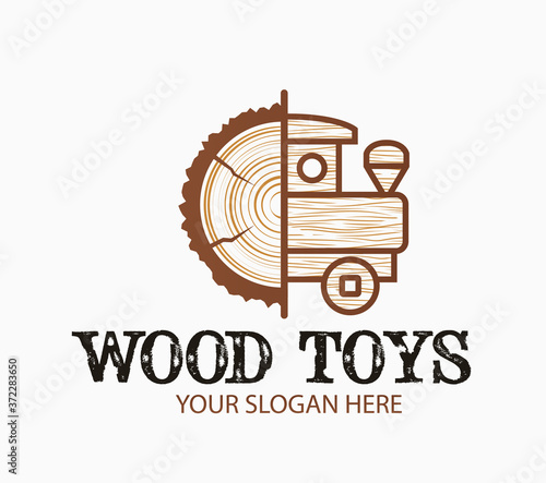 Abstract creative concept wood toys logo with wooden locomotive. From log to train toy idea. Design for print, emblem, t-shirt, party decoration, sticker, logotype