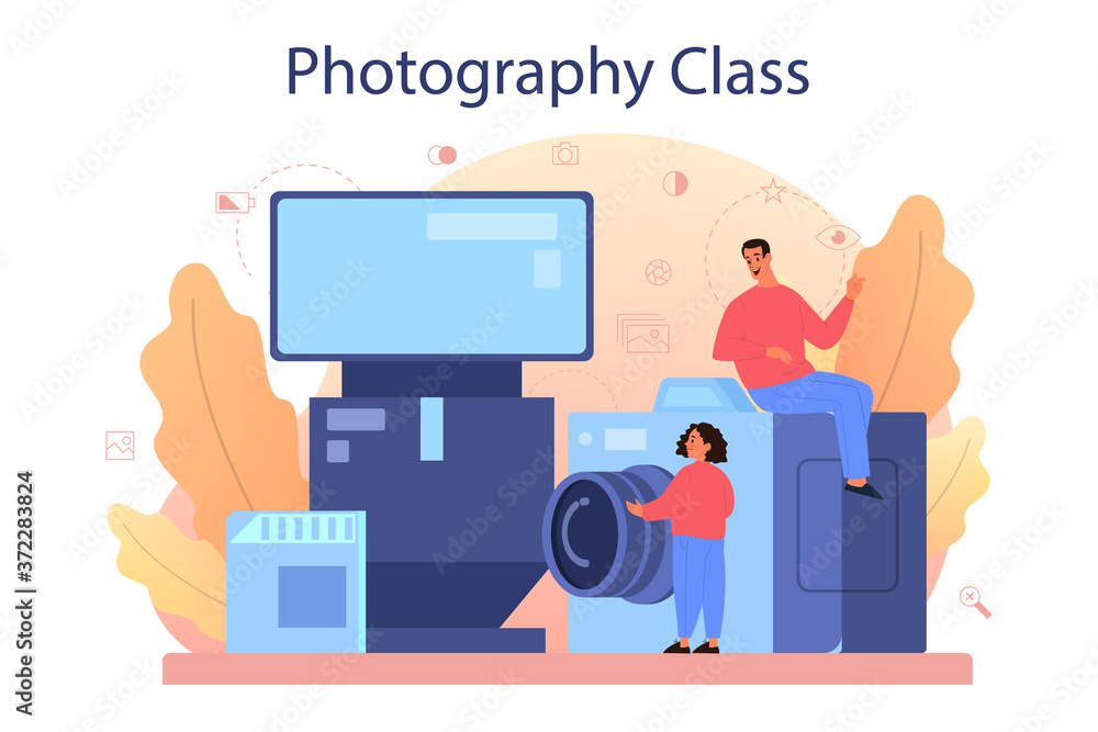 Photography school course. Professional photographer teaching kid Photography school course. Professional photographer teaching kid