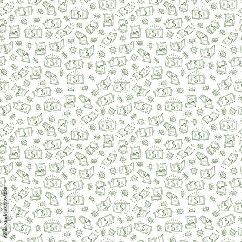 Money rain Vector Seamless pattern. Hand Drawn doodle Dollar and Euro Banknotes and Coins