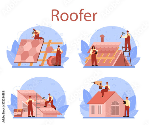 Roof construction worker set. Building fixing and house renovation.