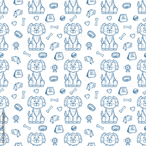 Cute Puppy. Vector Seamless pattern with Hand Drawn Doodle Dog and accessories for Pets