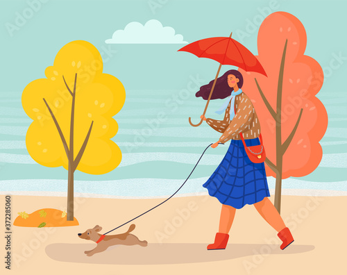 Young lady walk with domestic pet, puppy in autumn park. Woman hold active dog on leash. Person dressed in warm clothes and carry umbrella. Trees with yellow and orange foliage. Vector illustration
