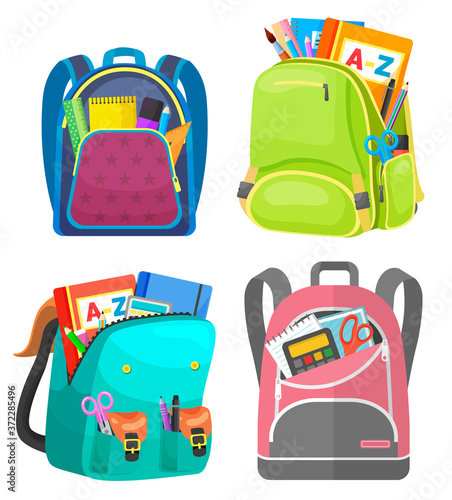 Colored school backpack. Education and study back to school, schoolbag luggage, rucksack vector illustration. Kids school bag with education equipment. Backpacks with study supplies. Student satchels