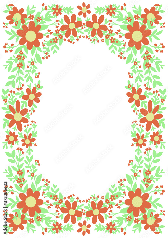 Blooming red flowers with green leaves frame. Floral ornament border for A4 size. Flat design. Botanical illustration.