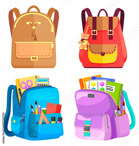 Colored school backpack. Education and study back to school, schoolbag luggage, rucksack vector illustration. Kids school bag with education equipment. Backpacks with study supplies. Student satchels