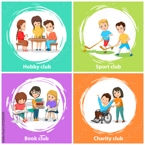 Charity and book club vector, sport and hobby activities, back to school concept. Flat cartoon children playing chess and sports games, field hockey in summer, reading textbooks and literature