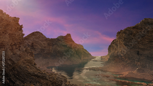 valley with strange and sharp rock formations, mountain landscape with river