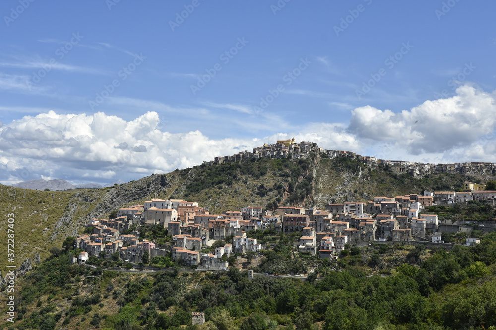 Panoramic view of a rural village in the mountains of the Calabria region.