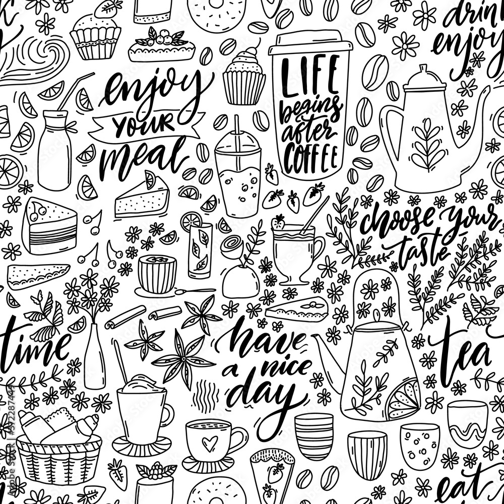 Cafe doodle seamless pattern. Cute background for wall with teapot, desserts, coffee and handwritten quotes. Enjoy your meal, have a nice day, choose your taste, tea time. Vector line art, black and Cafe doodle seamless pattern. Cute background for wall with teapot, desserts, coffee and handwritten quotes. Enjoy your meal, have a nice day, choose your taste, tea time. Vector line art, black and