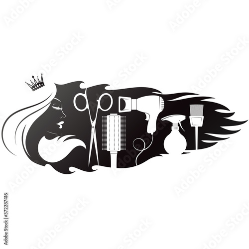Girl with crown scissors and comb symbol for beauty salon