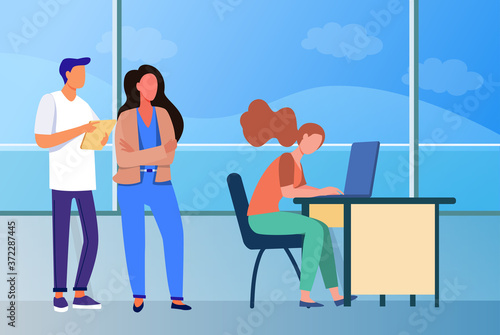 People standing in line to use laptop computer. Window, desk, job flat vector illustration. Communication and digital technology concept for banner, website design or landing web page