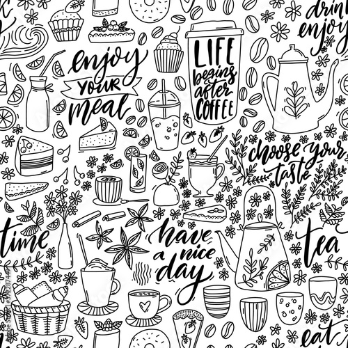 Cafe doodle seamless pattern. Cute background for wall with teapot, desserts, coffee and handwritten quotes. Enjoy your meal, have a nice day, choose your taste, tea time. Vector line art, black and