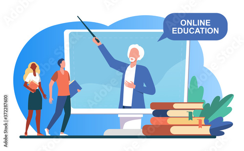 Tiny people listening lecturer on computer screen. Book, student, teacher flat vector illustration. Study and online education concept for banner, website design or landing web page