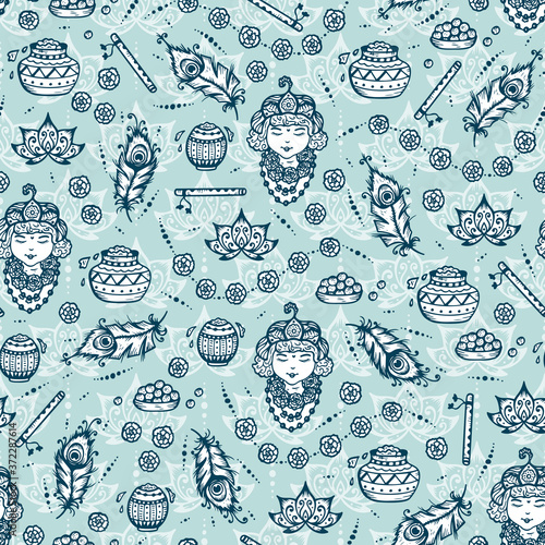 Vector Seamless pattern for Indian fest Shri Krishna Janmashthami. Background with Indian Holiday Symbols: Pots of Yoghurt, Baby Krishna portrait, Peacock Feathers, Flute, Flowers