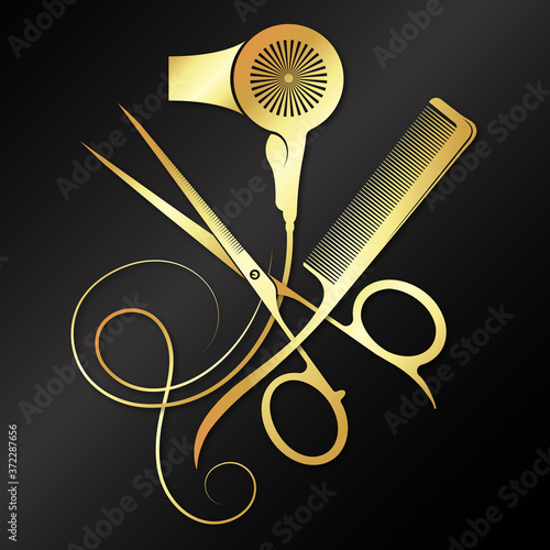 Scissors and comb hair dryer golden symbol for beauty salon