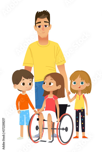 Children and Tutors. Caring and Support for the disabled child. Big family together vector illustration.