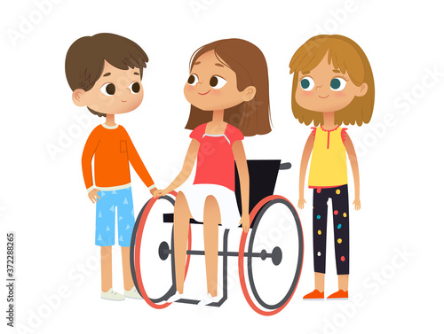 Caring and Support for the disabled child. Disabled girl sitting in a wheelchair. Disabled girl and her friends. vector illustration.