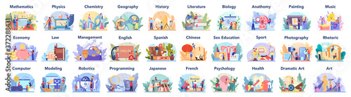 Big school subject or educational class set. Student studying social