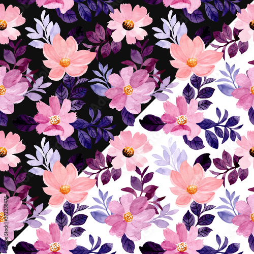 watercolor purple floral seamless pattern with black and white background