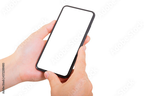 One Hand holding new smartphone on over white background. Smartphone isolate.