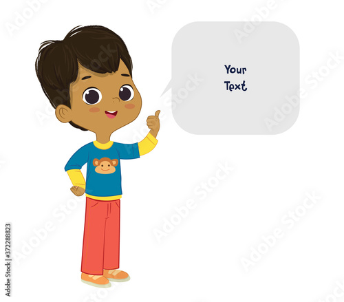 Vector illustration of the cute brown hair Latino boy pointing at a bubble with place for text. Preschool boy. School boy and speech bubble with place for text isolated on white background..