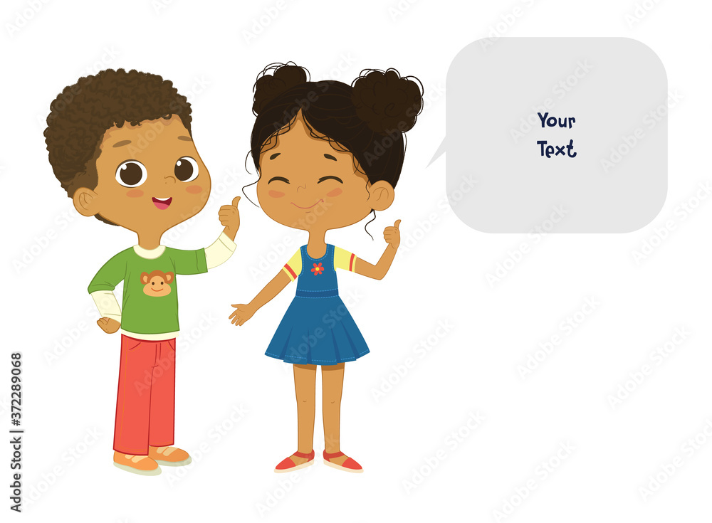 Vector illustration of the cute African American boy and girl pointing ...