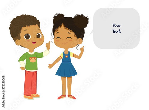 Vector illustration of the cute African American boy and girl pointing at a bubble with place for text. Preschool children boy and girl. School kids and speech bubble with place for text isolated